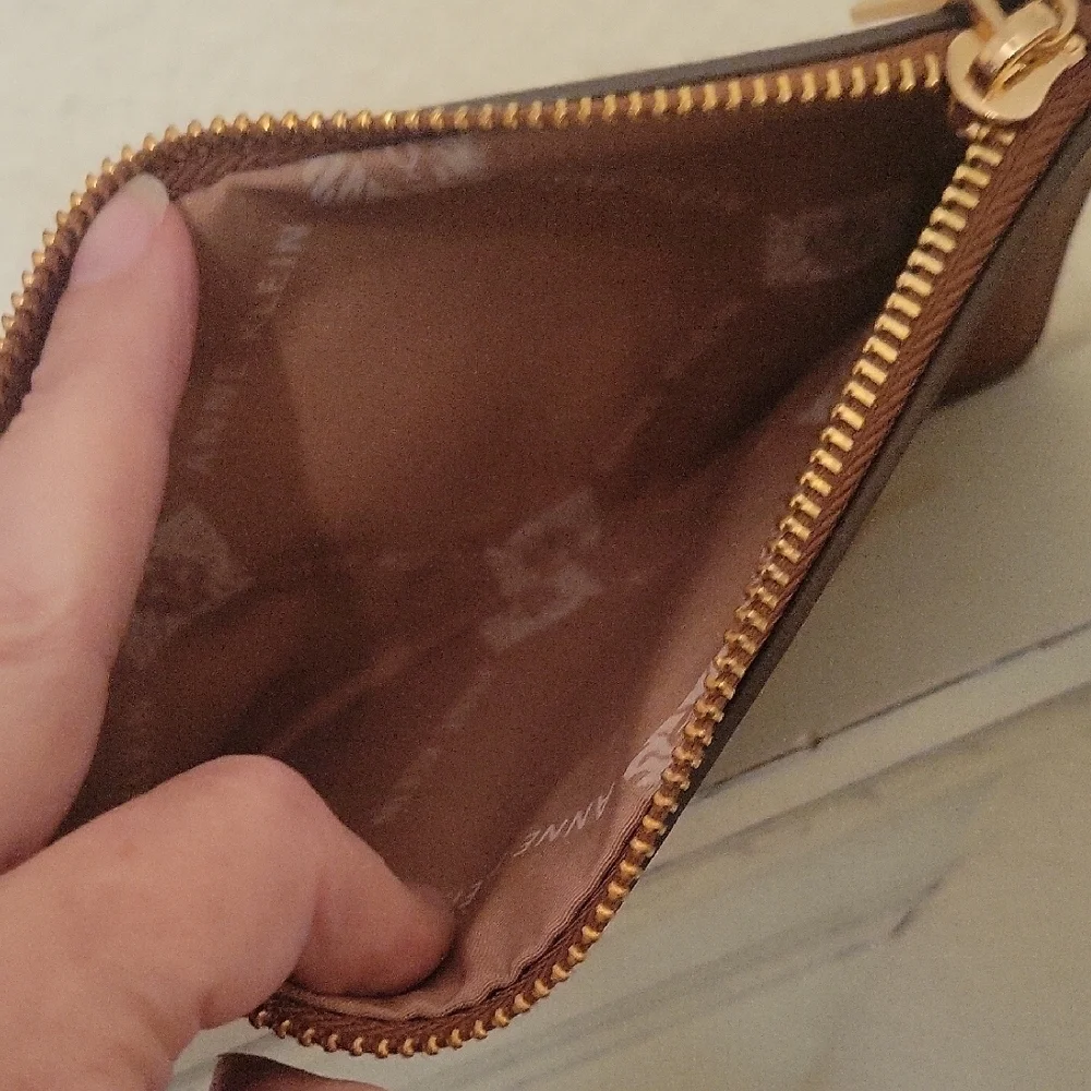 Anne Klein Set Brown Wristlet and Patterned Card Holder like new zip close
